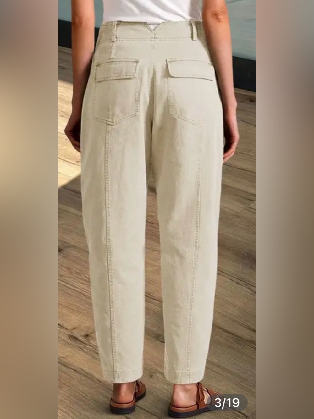 Flamingals Solid Stitch Detail Mid Waist Barrel Leg Pants Beige - Picture 2 of 7